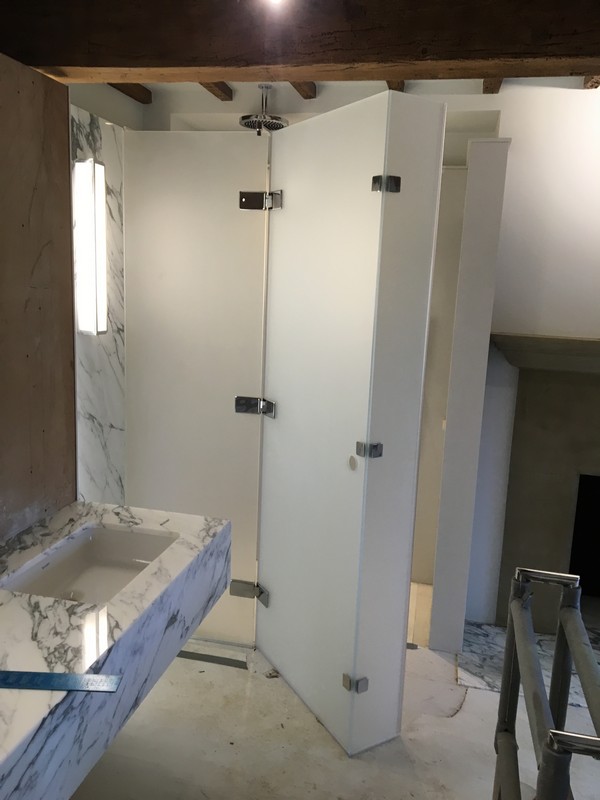 Bespoke frosted glass shower enclosure in Charlton luxury bathroom